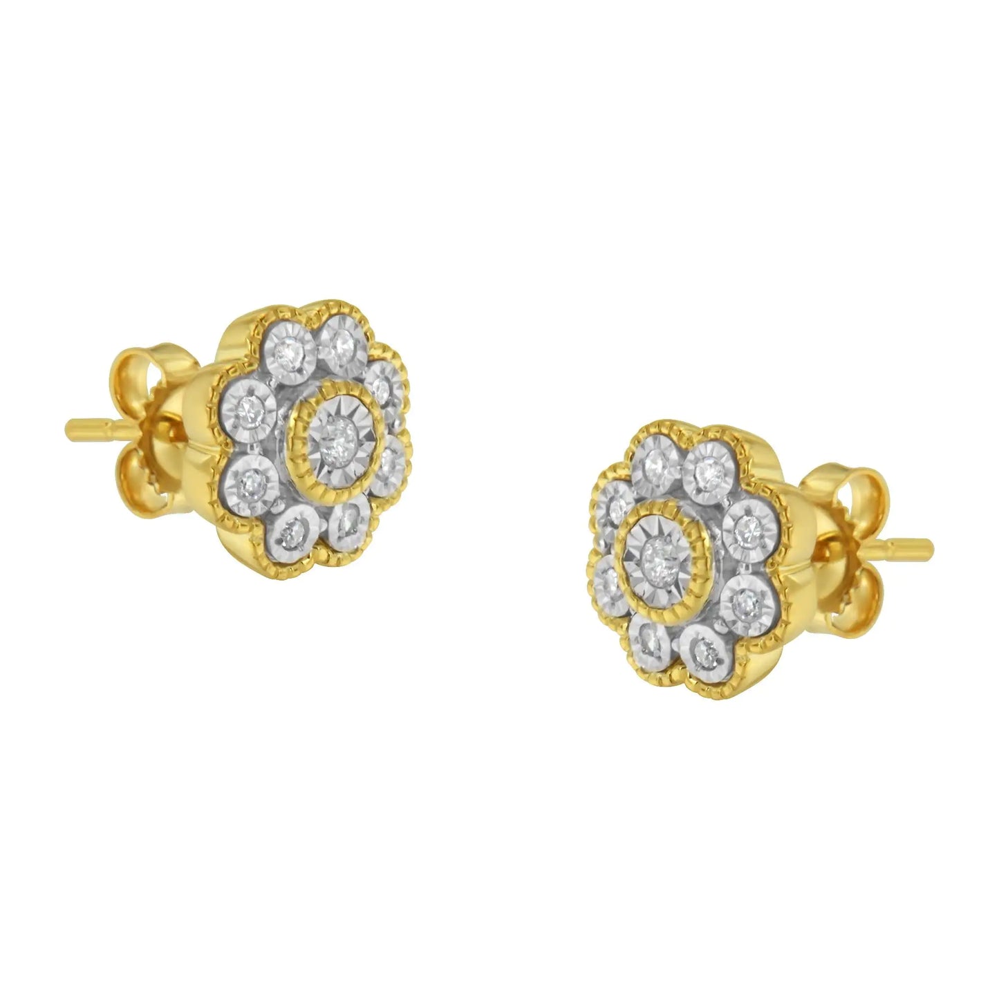 14K Yellow Gold Plated .925 Sterling Silver 1/6 Cttw Miracle-Plate Set Diamond Floral Stud Earrings (I-J Color, I2-I3 Clarity)