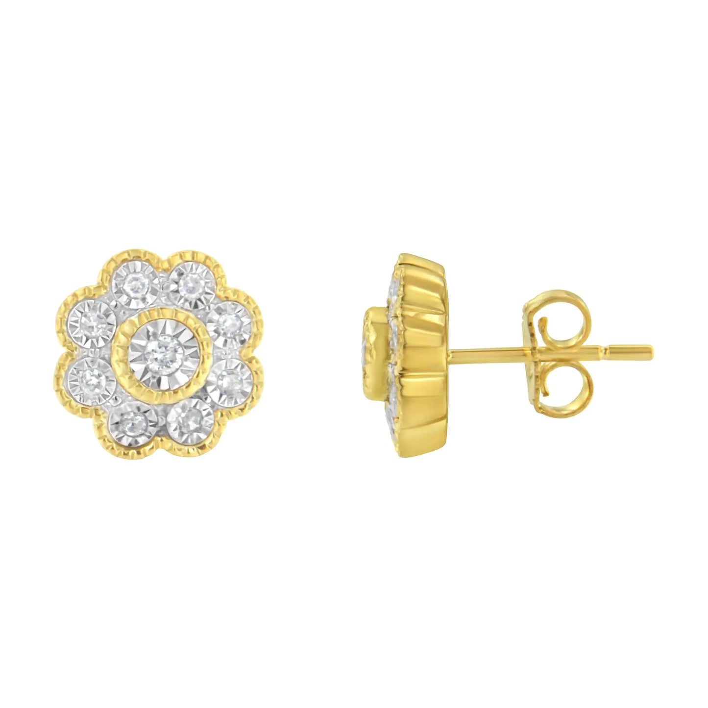 14K Yellow Gold Plated .925 Sterling Silver 1/6 Cttw Miracle-Plate Set Diamond Floral Stud Earrings (I-J Color, I2-I3 Clarity)